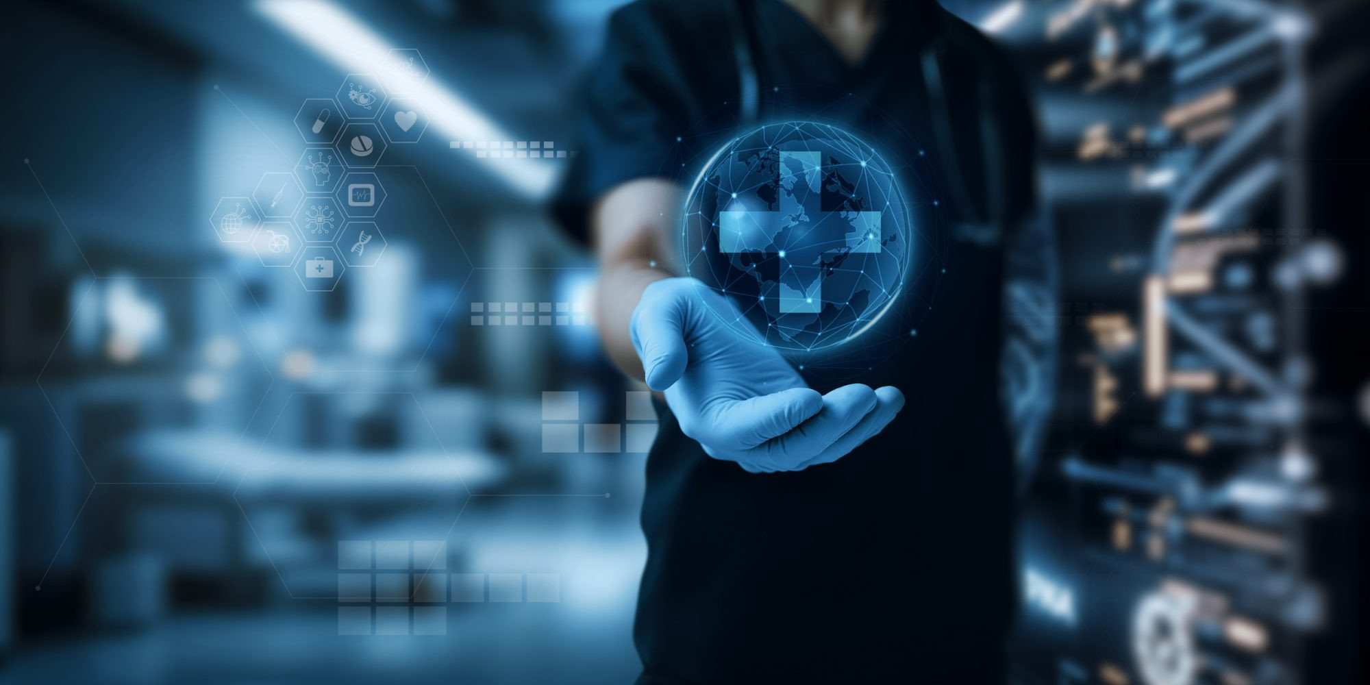 A healthcare professional in gloves holds a glowing digital sphere with medical symbols, representing advancements in healthcare technology, digital medicine, and innovation.
